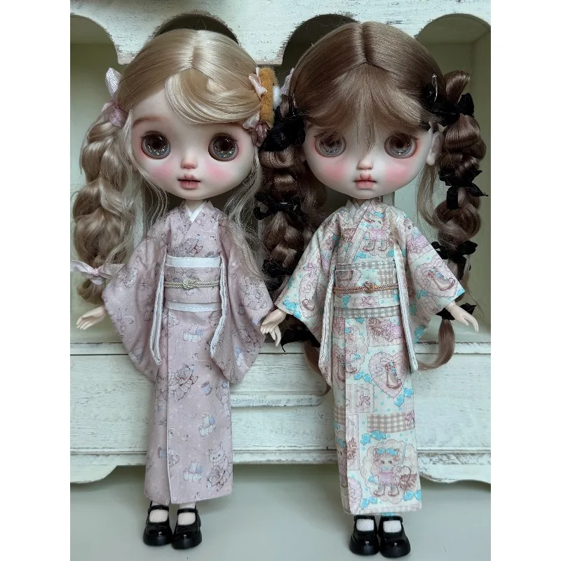 Cute Customized Japanese-style Kimono Clothes Model Accessories for Blythe Ob24 Azone with 19 Joint Action Figures Body Decor