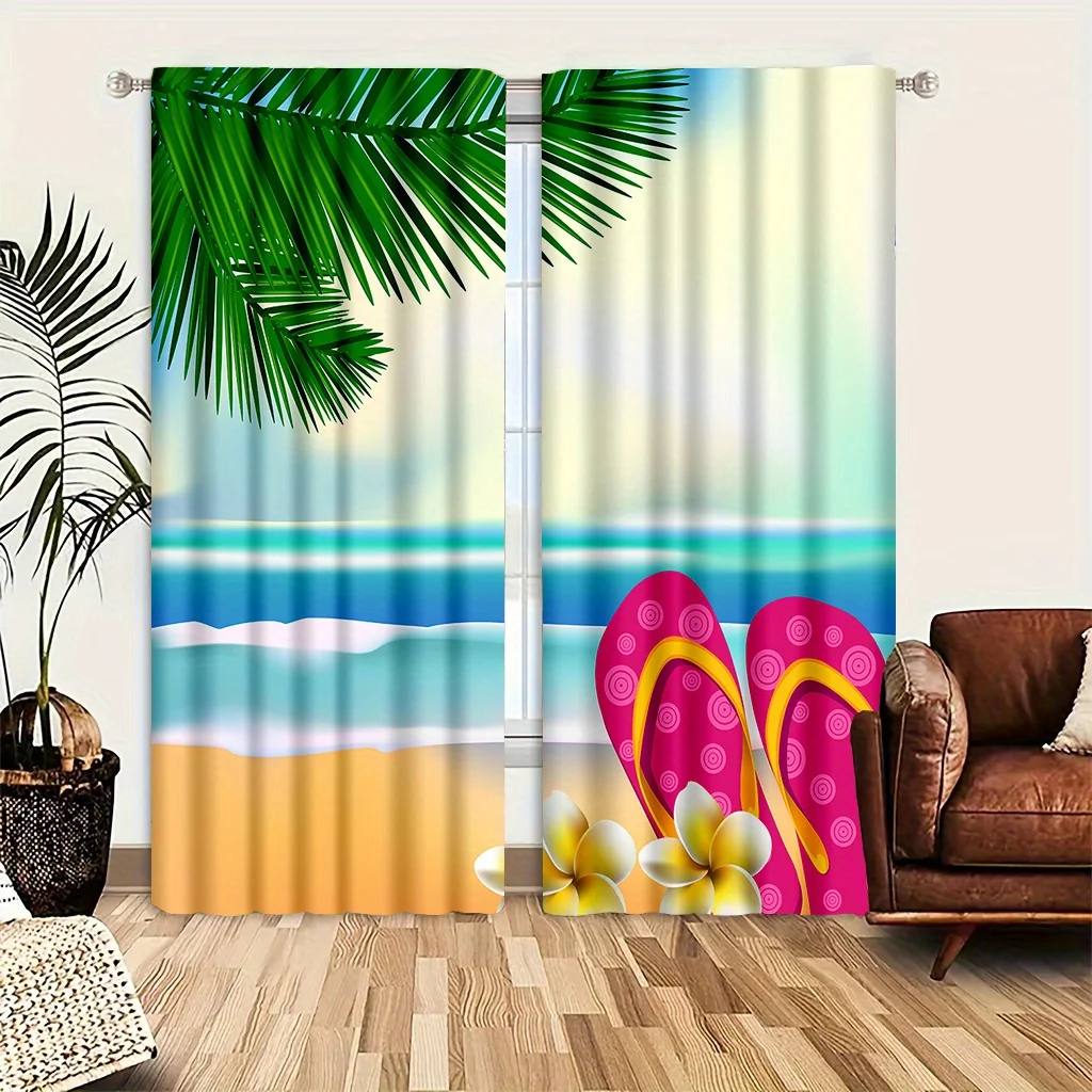 Tropical Beach Curtains, Palm Tree & Ocean View Drapes, Summer Seaside Print Window Treatment for Living Room, Blackout Fabric