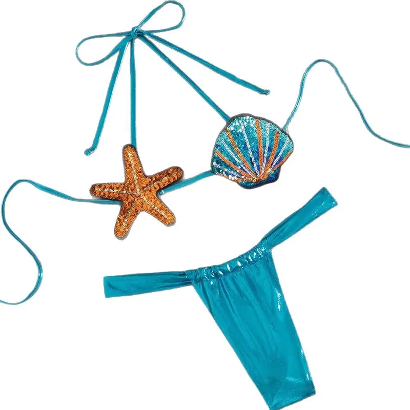 Shiny Sequin Shell Starfish Bikini Set Women Sexy Push Up Pleate Thong Swimsuit 2025 Brazilian Beach Bathing Suit Micro Swimwear