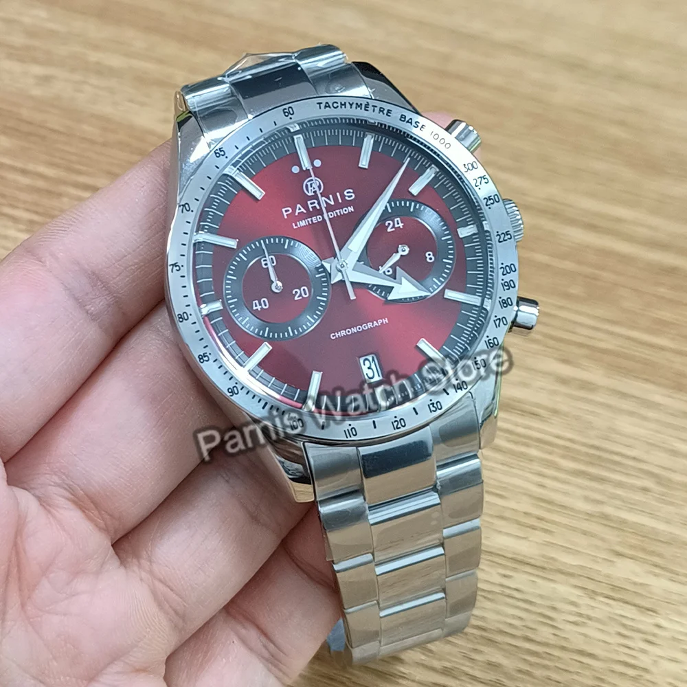 Parnis 40mm Red Dial Silver Bezel Quartz Chronograph Men\'s Watch Stainless Steel Strap Men Waterproof Sports Watches Gift Clock