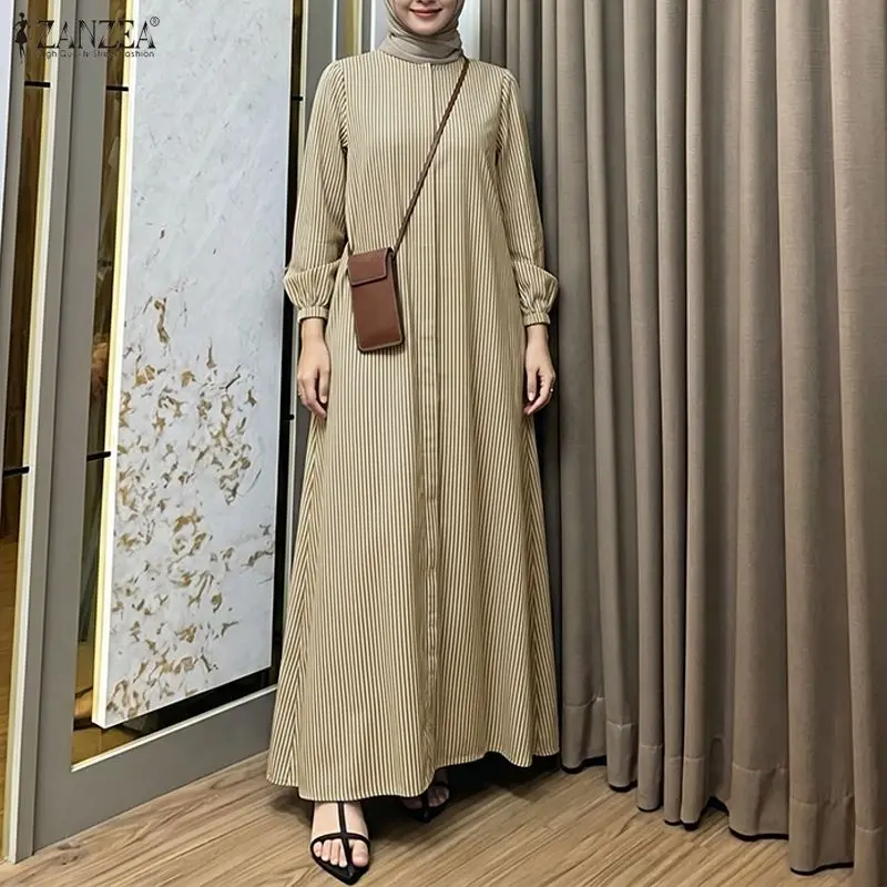 

ZANZEA Elegant Muslim Abaya Dress 2026 Summer Women O Neck Long Sleeve Striped Sundress Casual Loose Kaftan IsIamic Robe Ramadan