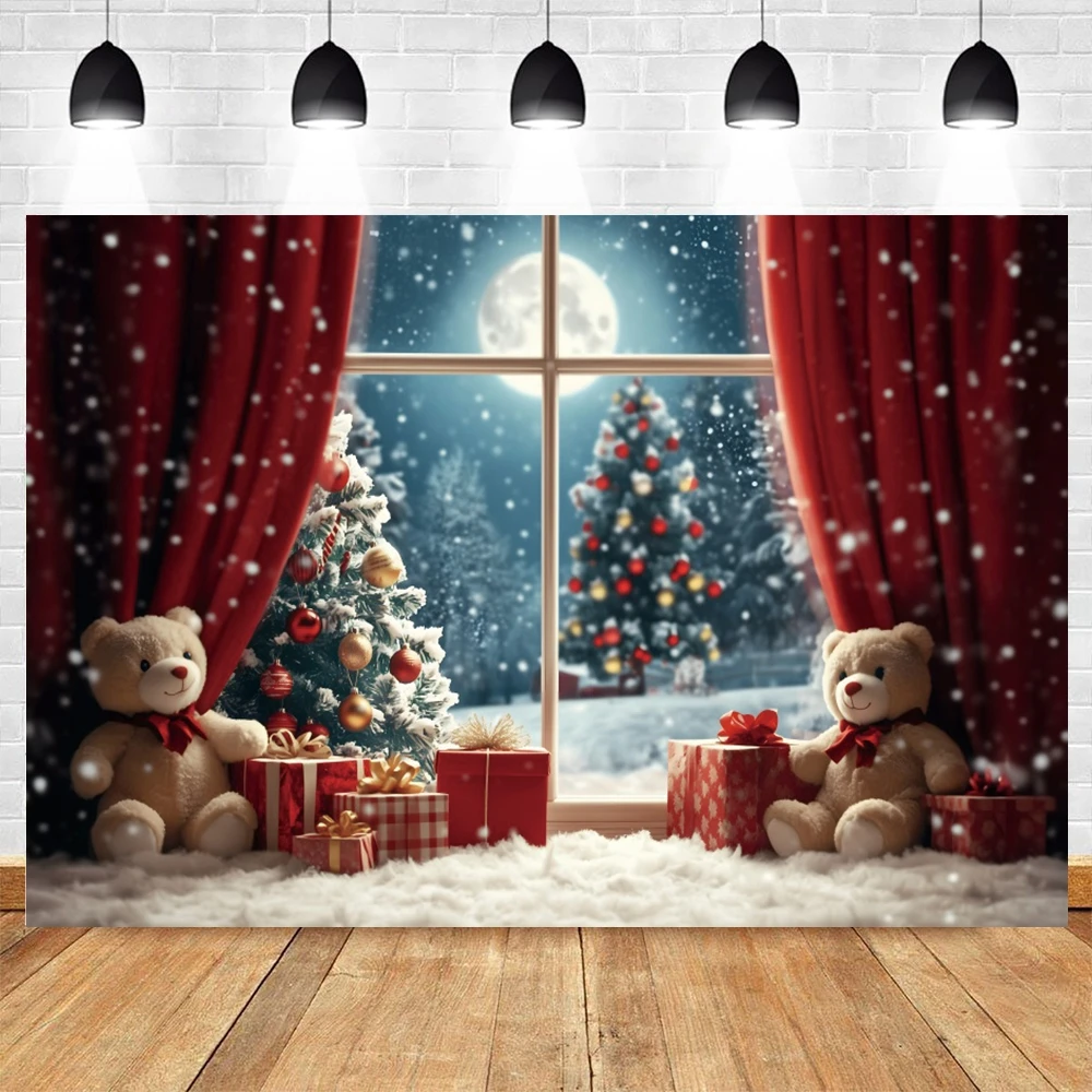 Christmas Window Photography Backdrop Xmas Tree Gift Toy Bear Red Curtain Family Party Decor Kids Portrait Photo Background Prop