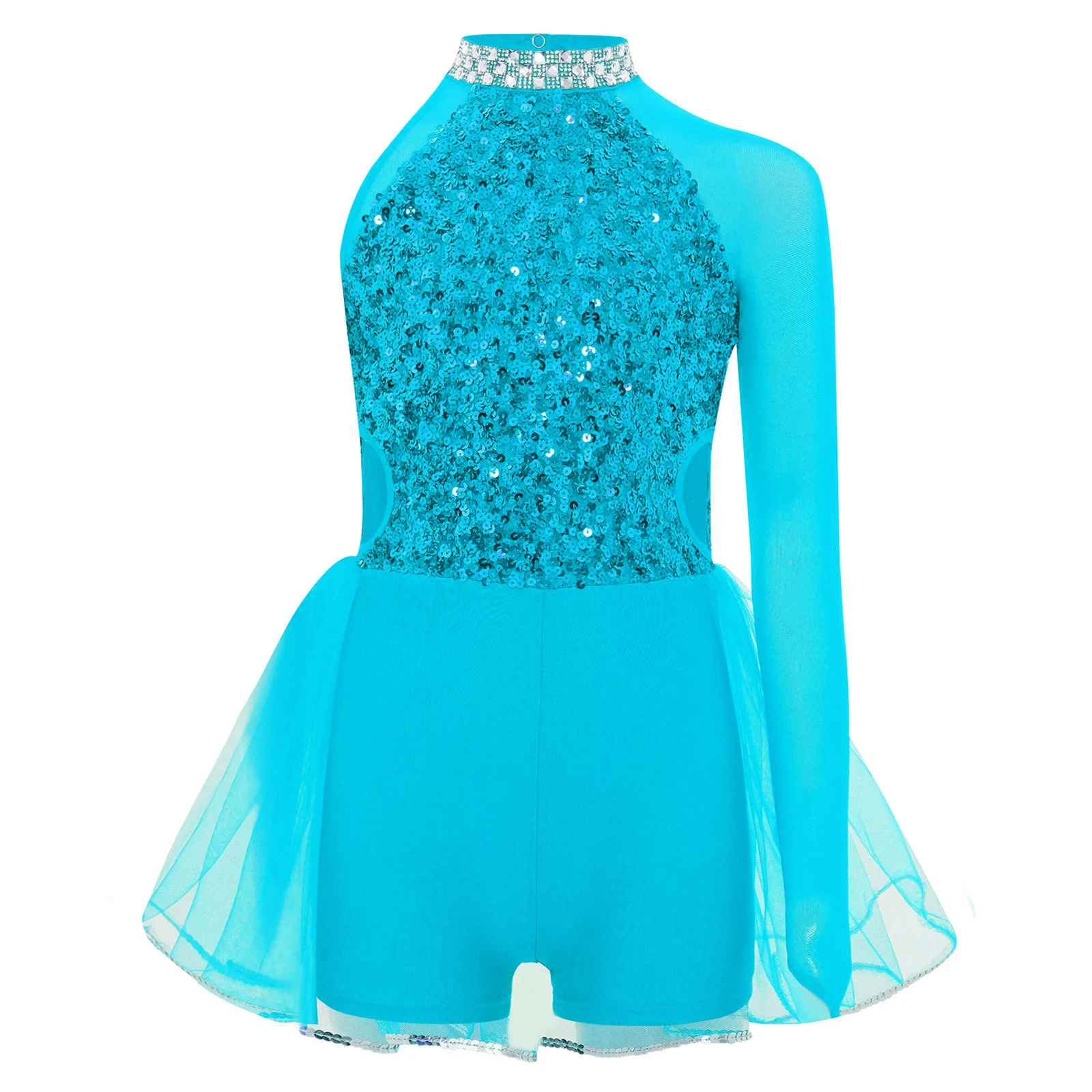 Kids Girls Jazz Ballet Dance Jumpsuit Asymmetrical Long Sleeve Sparkly Sequins Bodice Tulle Skirted Leotard Ballroom Performance