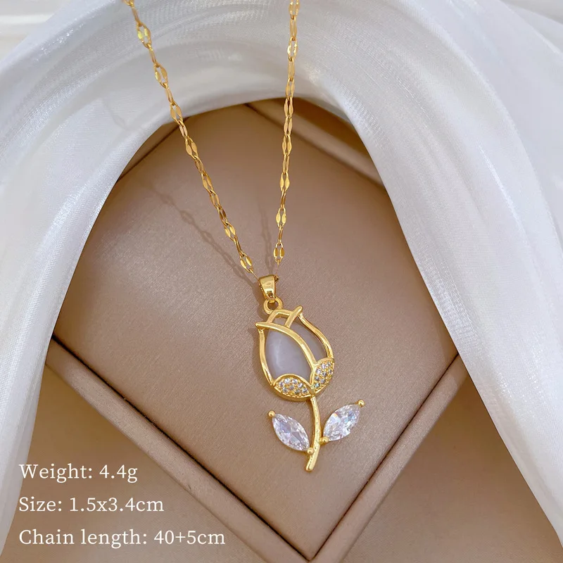 Stainless Steel Chain Classic Shiny Zircon Tulip Pendant Necklace for Women Lady Vintage Jewelry Accessories Gifts