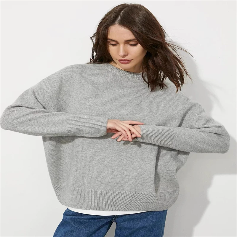 Autumn Winter Women's O-Neck Pullovers Solid Soft Warm Knitted Top Gray Red Thick Female Sweater Long Sleeve Jumper New 2024