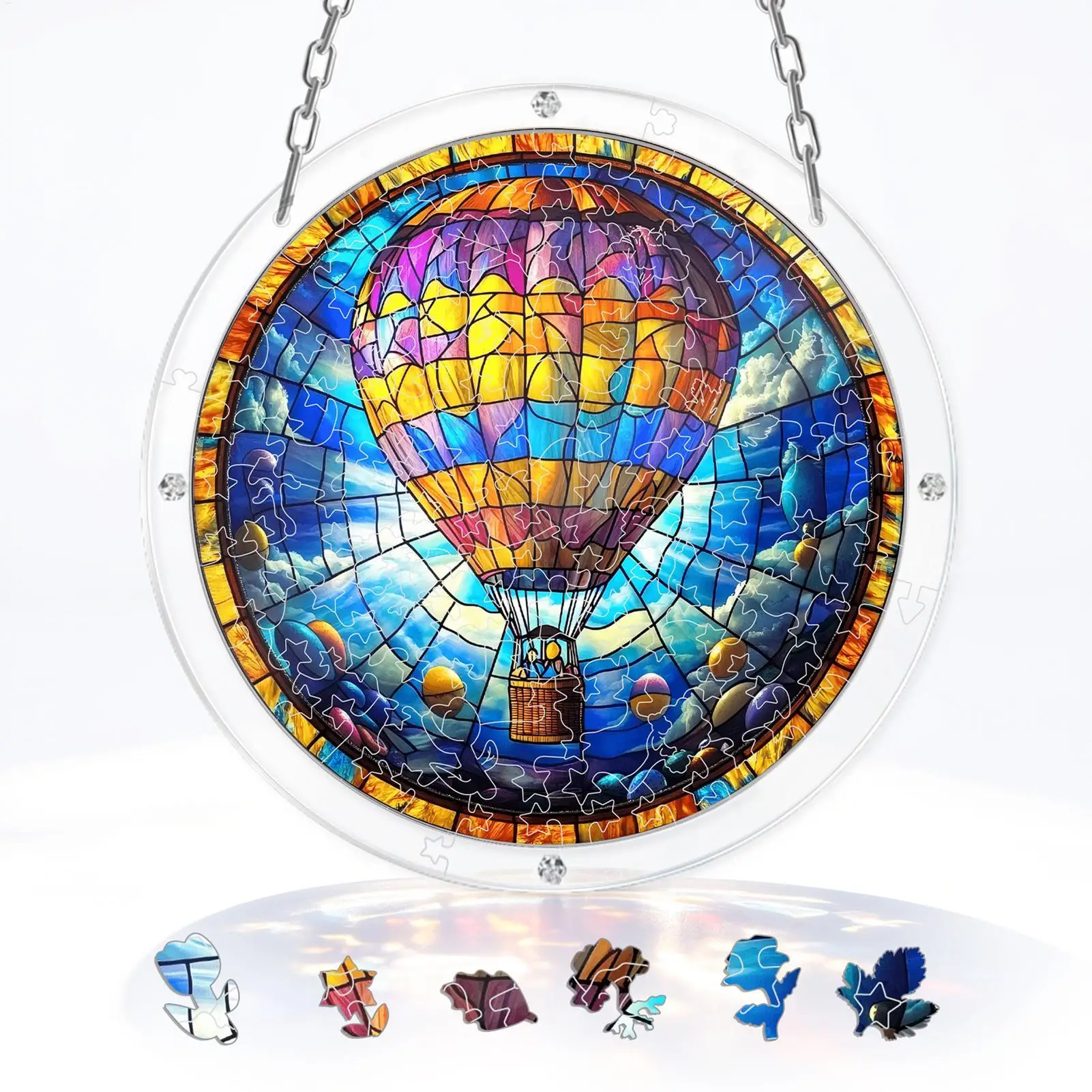 Acrylic Puzzles Suncatcher 82 Pieces Imitation Stained Glass Ornament Hot Air Balloon Pattern Round Suncatcher Puzzle For Home