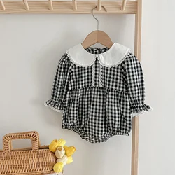 New Newborn Bodysuit Fashion Baby Romper Lace Peter Pan Collar Black White Grid Infant Girl Jumpsuit 0-2Yrs Baby Girls Clothing