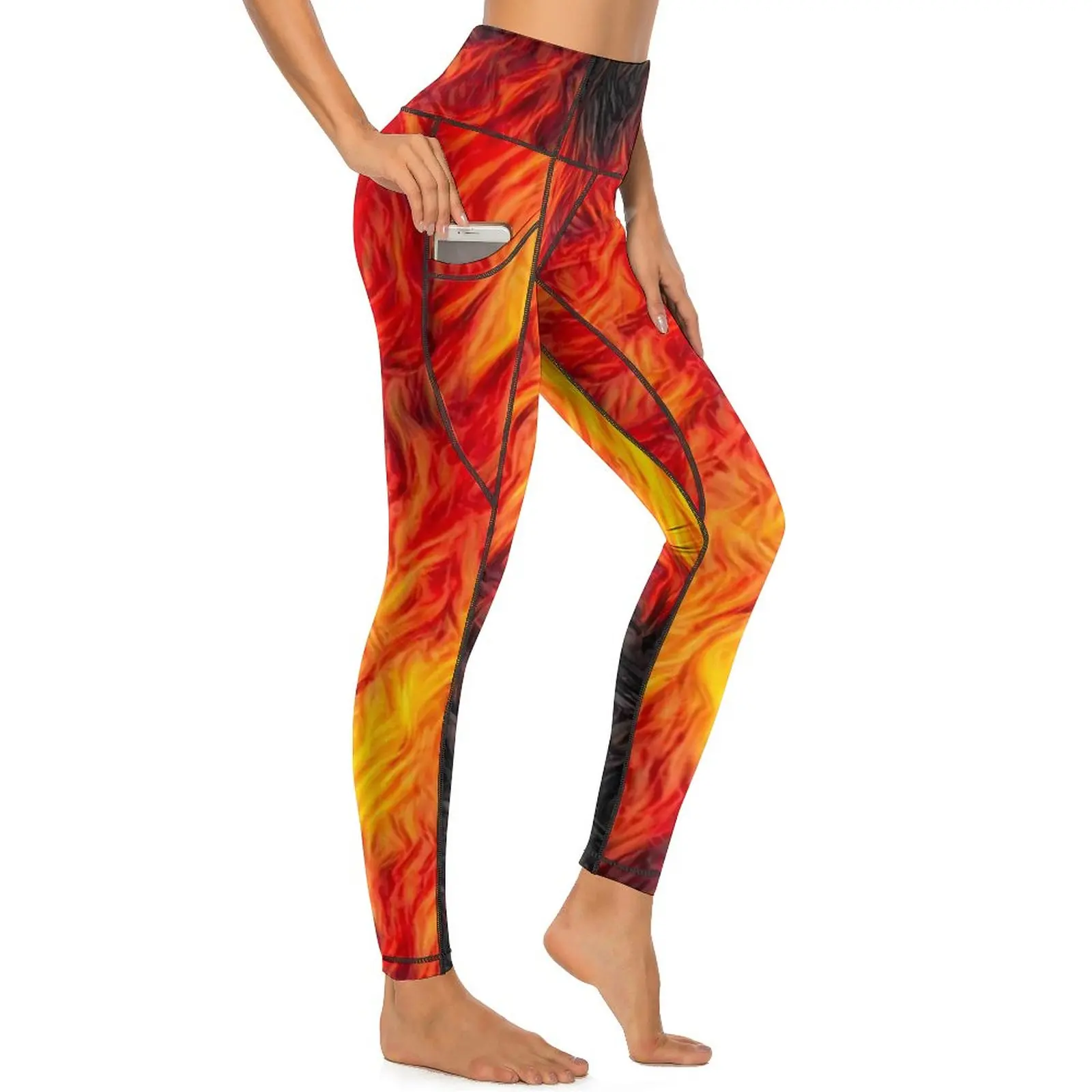 Red Hot Fire Yoga Pants Pockets Abstract Print Leggings Sexy Push Up Kawaii Yoga Sports Tights Quick-Dry Workout Gym Leggins