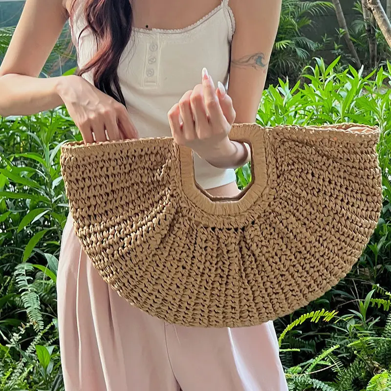 Half-moon Beach Handbag Natural Fiber Snap Clutch Bag Women Girls Seaside Beach Travel Vacation Evening Elegant Purse in Stock