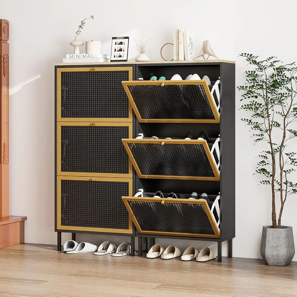 Shoe Storage Cabinet for Entryway with Metal Rattan 3 Flip Drawer,Wood Free Standing Rack, Hidden Slim Hallway, Living Room,