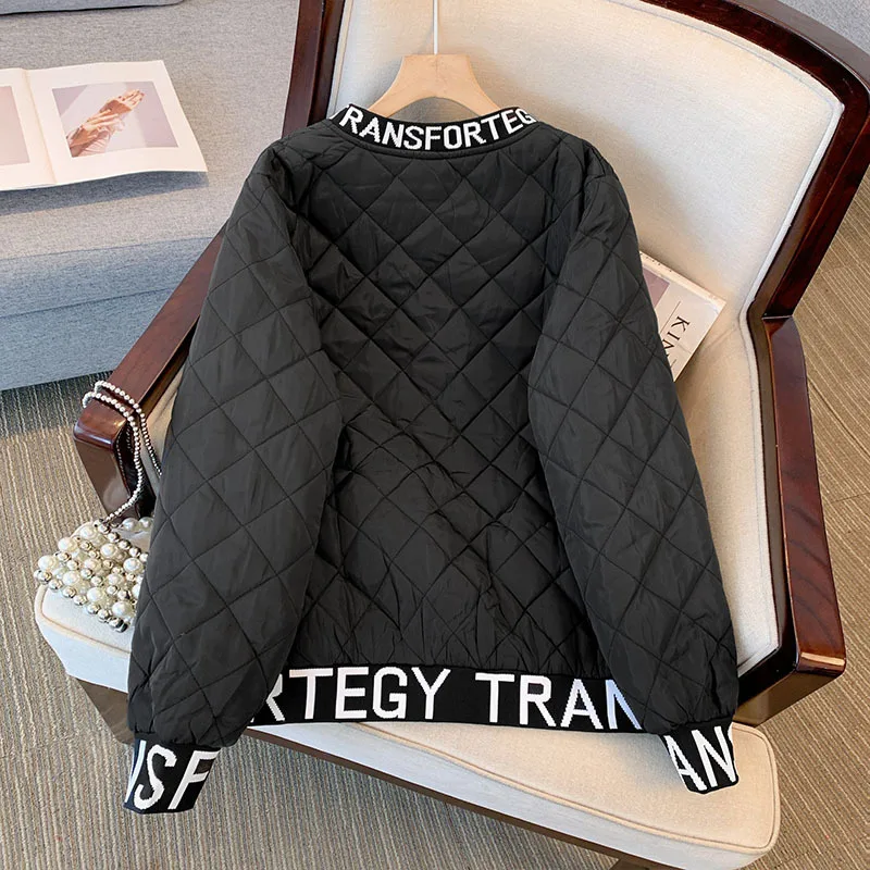 plus Size Women\'s Cotton Jacket Baseball Style Loose Fit Zipper Cardigan Short Outerwear Diamond Pattern Winter Coat