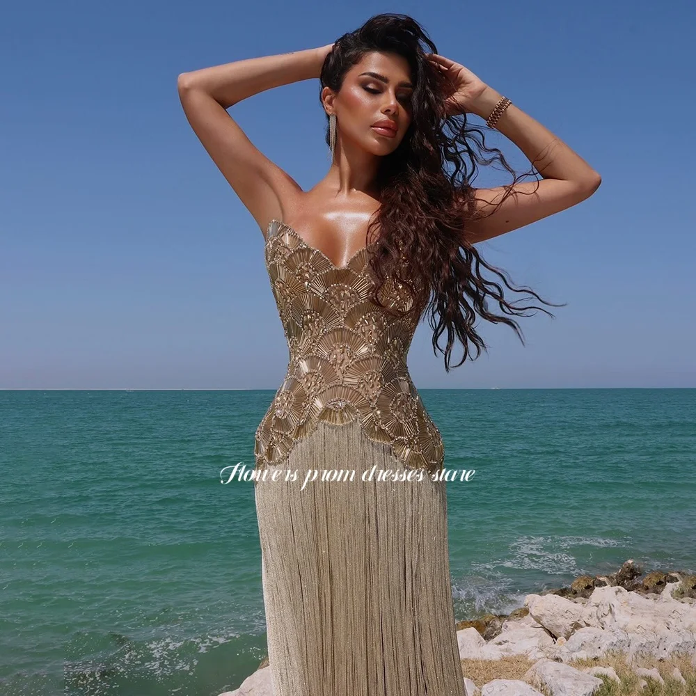

Flowers Gold Prom Dress with Tassels Beading Party Dress Luxury Evening Dress for Women فساتين مناسبة رسمية Customized