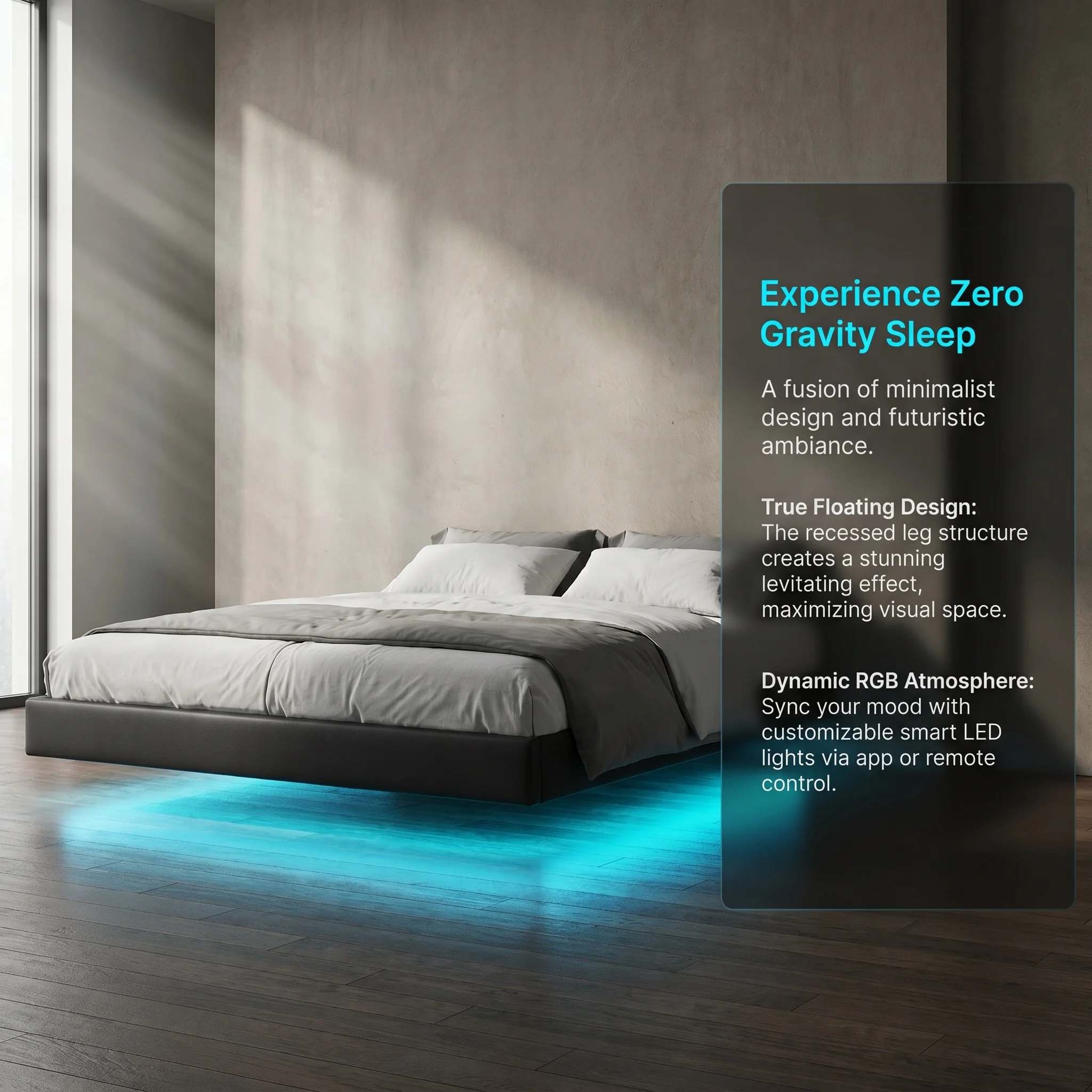 Superaly Cadre de lit flottant noir 160×200 cm avec rangement hydraulique et éclairage LED RGB, lit plateforme sans tête de lit rembourrée, lit avec rangement sous le lit et bande lumineuse LED, matelas non inclus
