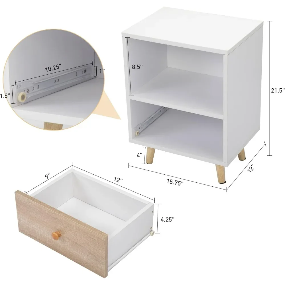 2 Bedside Tables with 1 Drawer and Short Legs, Coffee Table with Storage Rack, Indoor, White, Safe and Durable, Easy To Assemble