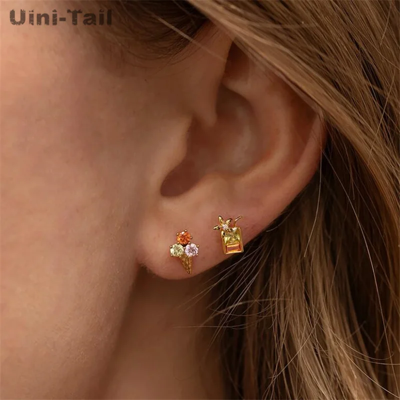 Uini-Tail\'s new 925 Tibetan silver sweet ice cream lollipop micro-set earrings temperament simple summer dessert series earrings