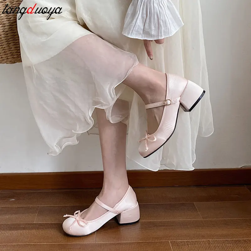 2024 Spring summer Mary Jane Shoes Women Fashion Shallow Round Toe Single Shoes Ladies French elegant bow party dress pumps