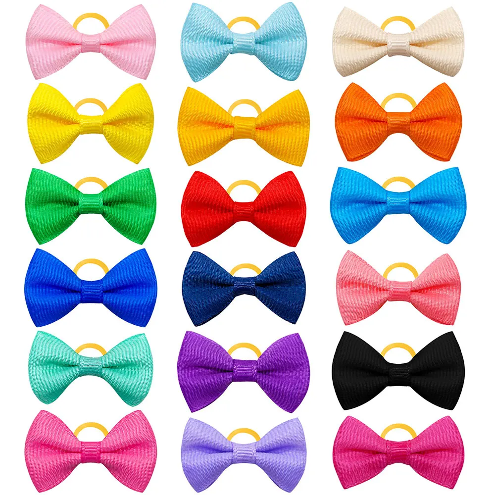 20pcs Cute Pet Dog Hair Bows Solid Grooming Bows with Rubber Band Gifts for Small Dogs Hand-made Headwear Dog Supplies