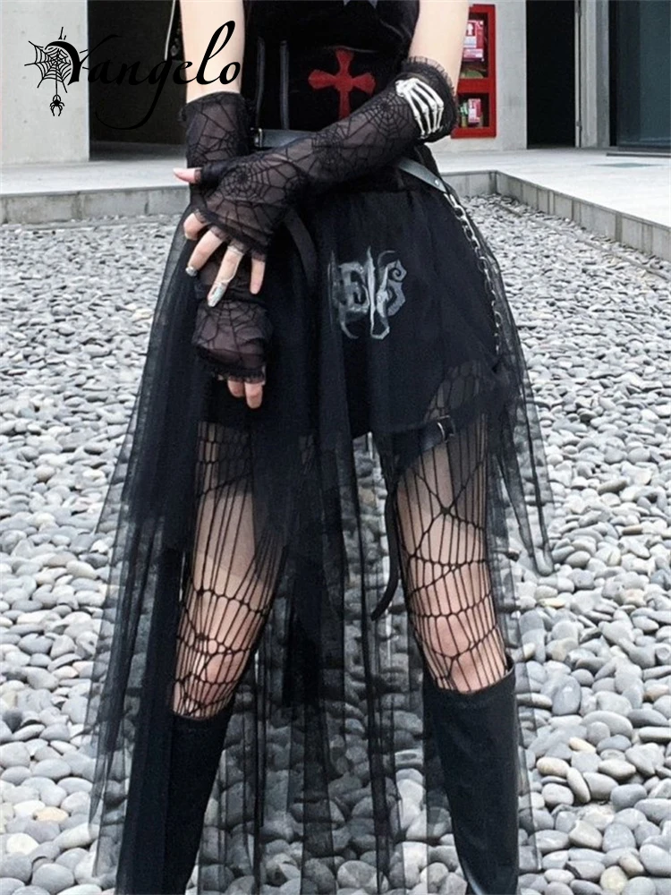 

Yangelo Japanese Harajuku Dark Style Irregular Skirt Gothic Grunge Gauze Skirt Y2K High Waist Long Skirt