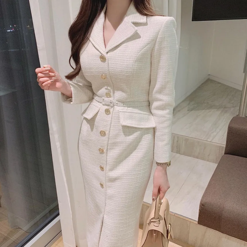 

New Small Fragrance Suit Collar Dresses Spring Women Single Breasted Long Sleeves Dress Autumn with Belt Knee Length Dress Dress