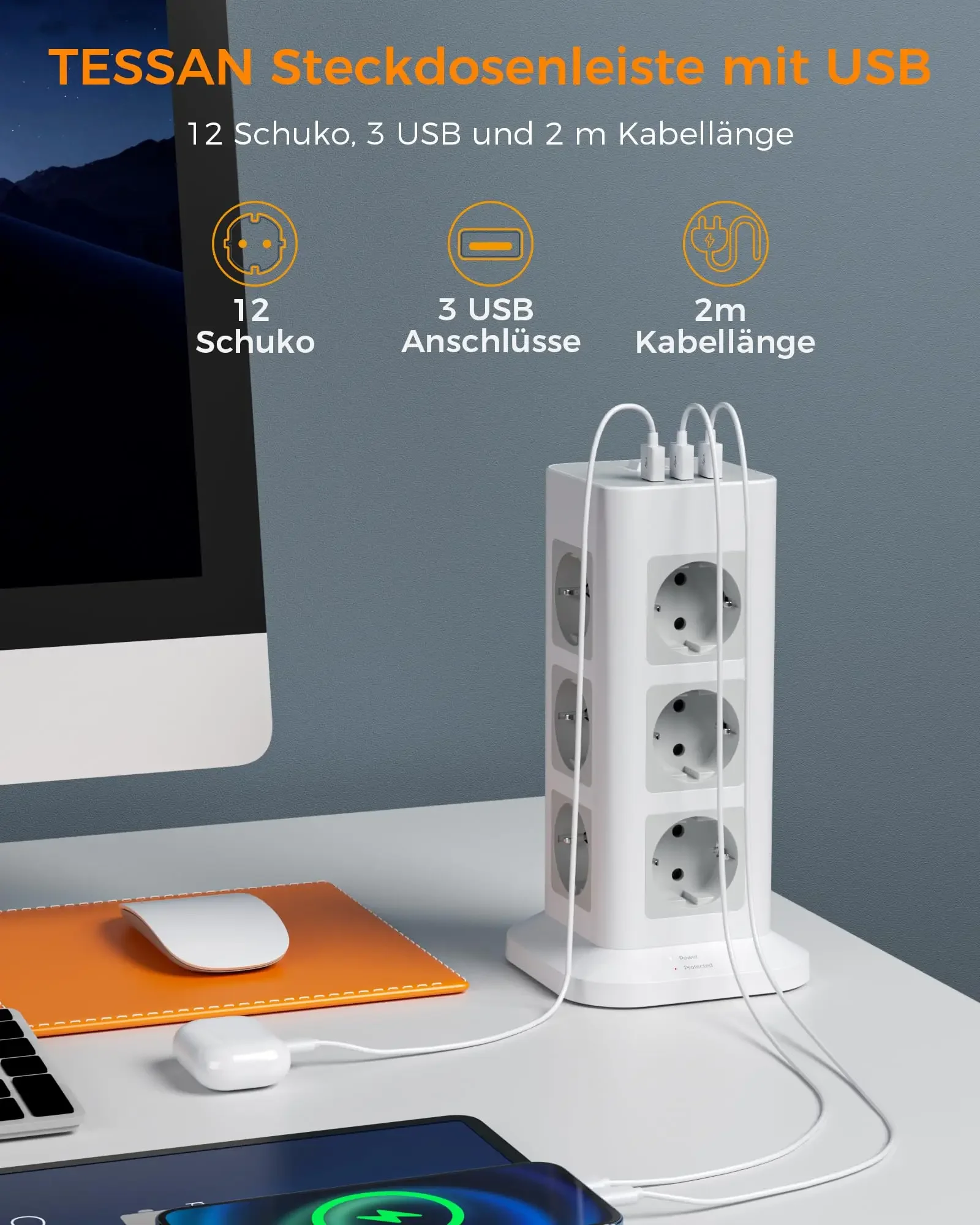 Tower Multi Power Strip Vertical EU Plug Multi Outlets Sockets with 3 USB Overload Protector Switch Multiple Vertical Power