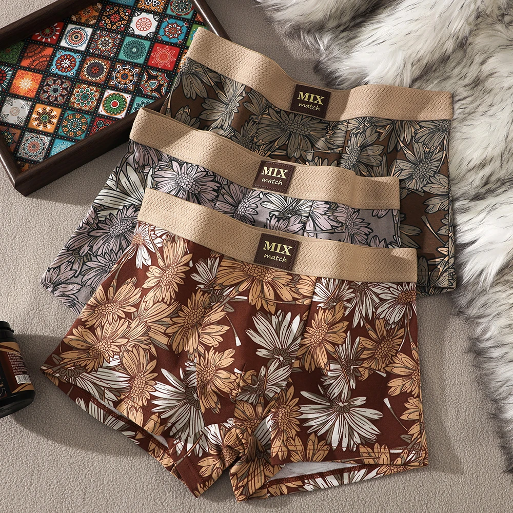 

3PCS/Pack Vintage 100% Cotton Floral Print Men's Panties Hygroscopic Breathable Mesh Crotch Underwear High Elastic Underpants