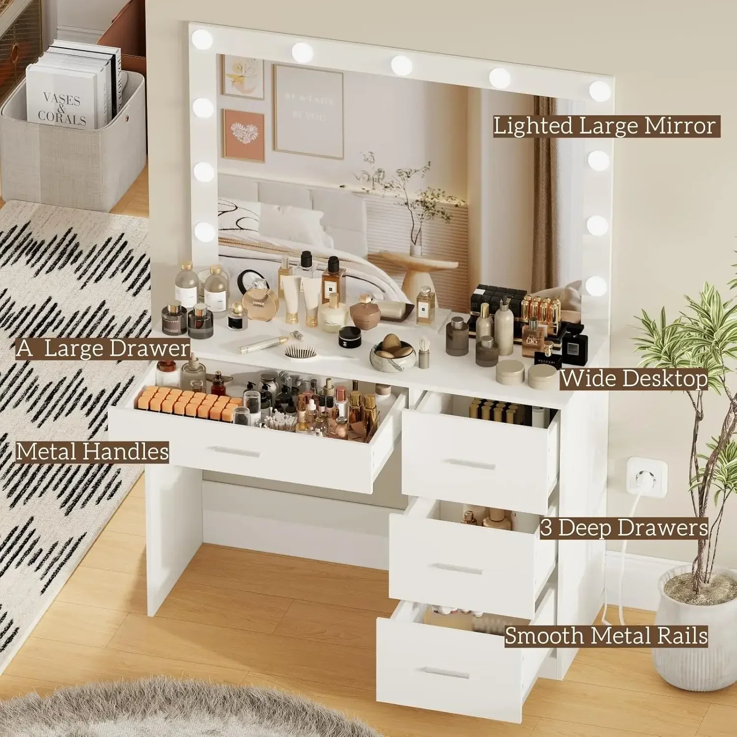 

Vanity Table, Makeup Table with Large Mirror and 11 LED Lights, Brightness Adjustable, Dressing Table Desk with 4 Drawers