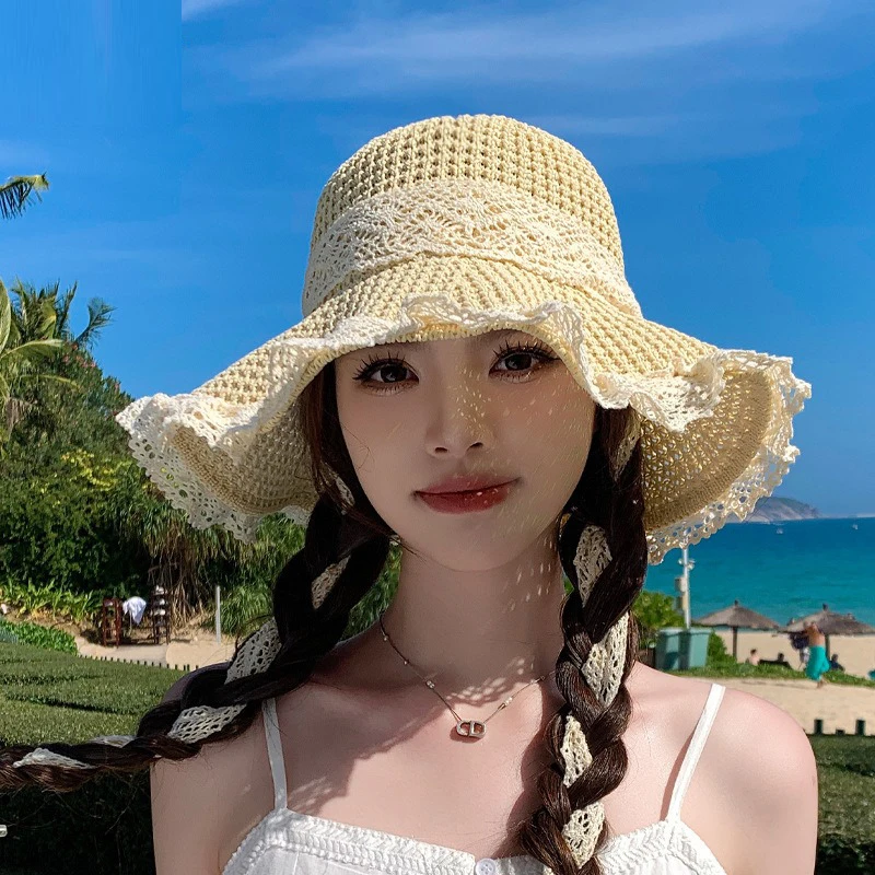 Topi Pelindung Musim Panas Wanita Topi Matahari Dapat Dilipat Topi Pantai Pinggiran Besar Lebar Topi Lolita Mode Topi Pelindung UV Pantai Chapeau Femme