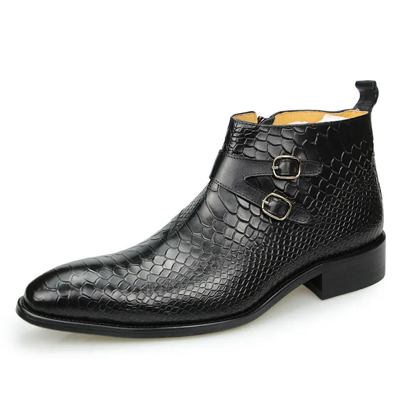 High Quality Fashion Casual Shoes Man Boots Genuine Cow Leather Ankle Formal Zipper Business Dress Shoes Safety Snake Print