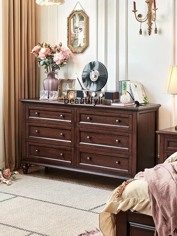 

American Solid Wood Chest of Six Drawers Full Cherrywood Living Room Wall Retro Bedroom Tailstock Storage Locker furnitureAsmt09