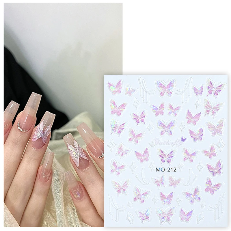 1pc Pink Purple Aurora Shell Butterfly Nail Stickers Shiny Laser 3D Butterfly Nail Decals Adhesive Aurora Shell Nail Accessory