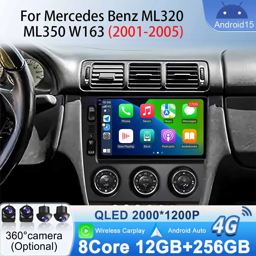 Player Navigation GPS Stereo for Mercedes Benz ML320 ML350 W163 2001-2005 Car Radio Android 15 Car Multimedia Video Carplay Auto