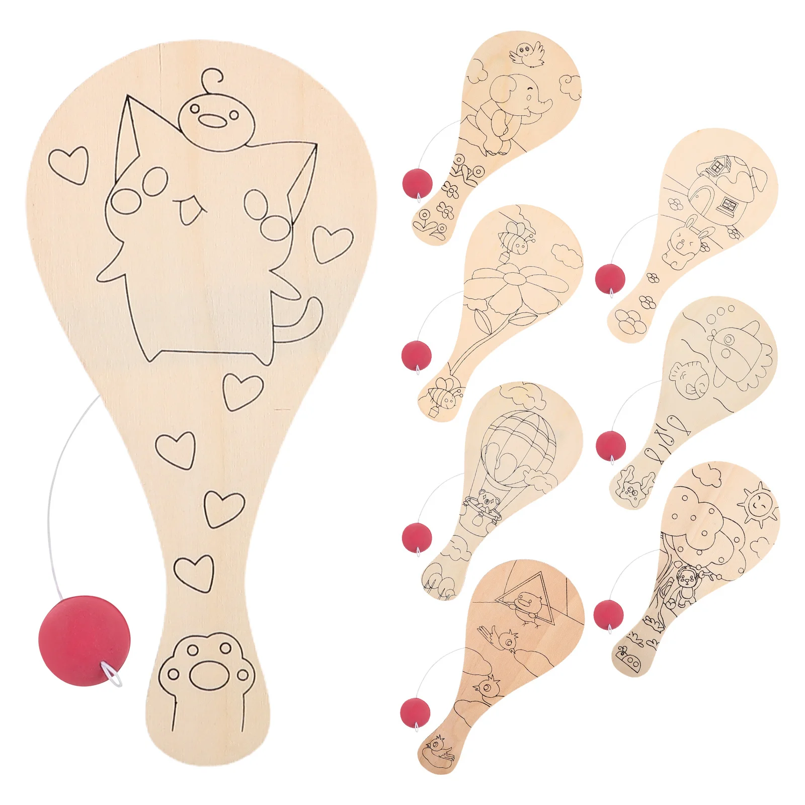 8-teiliges leeres Paddel für Kinder, handbemaltes Holzhandwerk, einfach zu färben, leichtes Material, ideales Spielen im Innen- und Außenbereich