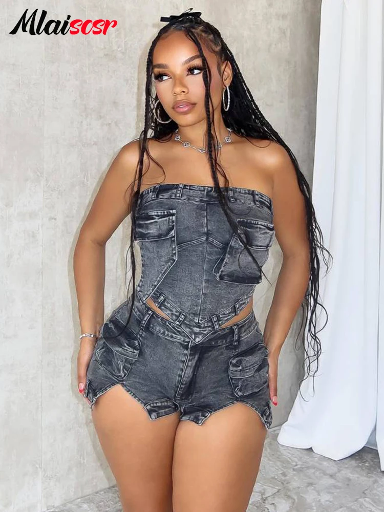 

Mlaiscsr Black Stretch Denim Pocket Women Two 2 Piece Set Strapless Tops and Shorts Jean Matching Hipster Club Birthday Outfits