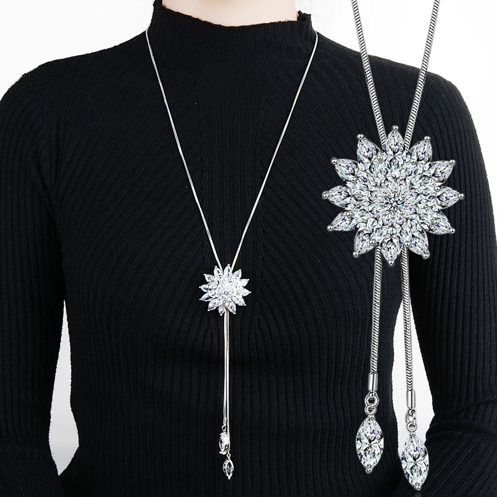 Zircon Snowflake Sweater Chain Long Necklace Women's Fashion Versatile Jewelry Cloth Pendant Accessories Sweater Chain Pendant