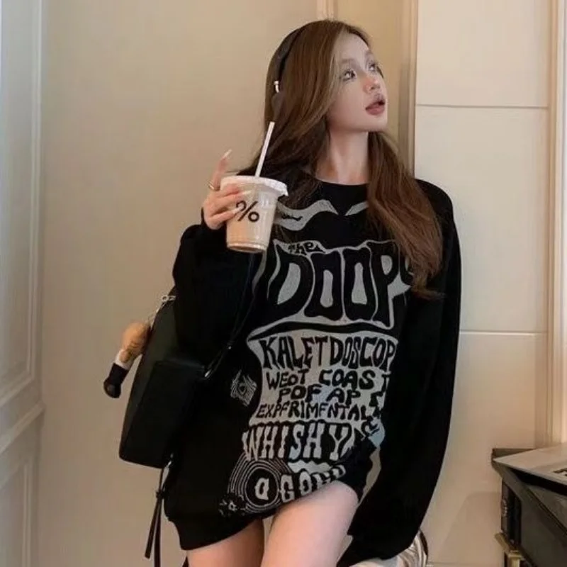 

Retro American Letter Print Black Loose Round Neck Womens Casual Long Sleeve Top