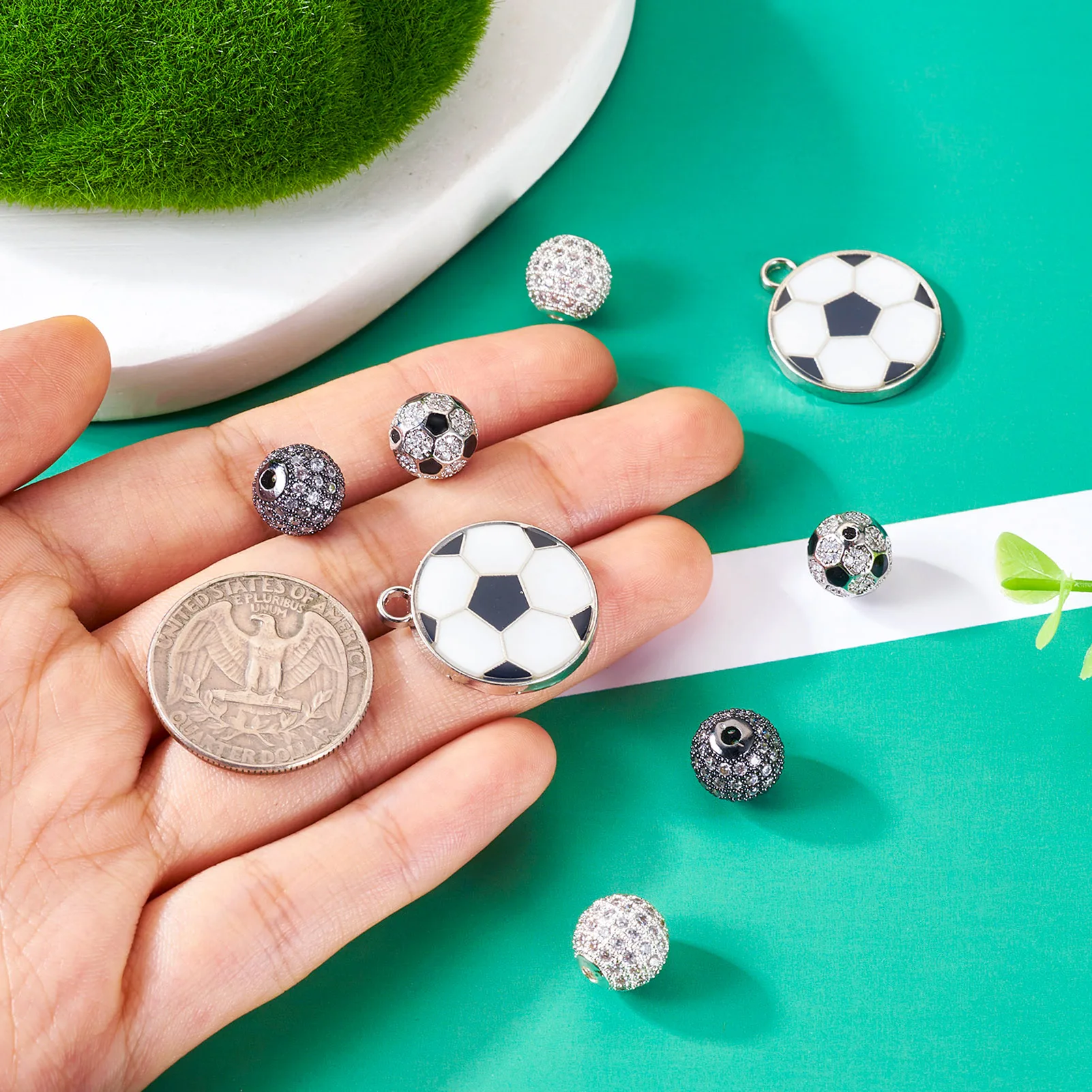 Sport Theme Alloy Enamel Football Pendants with Brass Micro Pave Cubic Zirconia Beads for Couple Bracelet Jewelry Making Finding