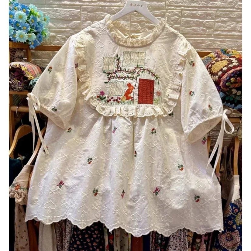 Women Summer Sweet Cotton Floral Embroidery Blouse 2024 Vintage Kawaii Cute Shabby Chic Cottage Core Lace Harajuku Shirt Tops