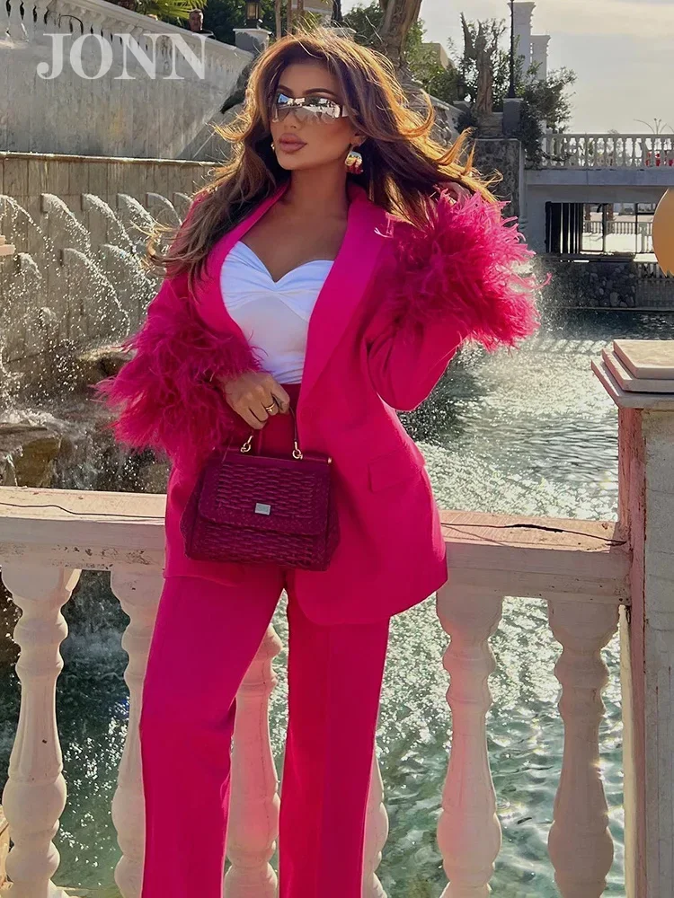 

JONN Sets for Women 2 Pieces Loose Office Outfit Hot Pink Feather Long Sleeve Blazer + Trousers Suit Female Clothing