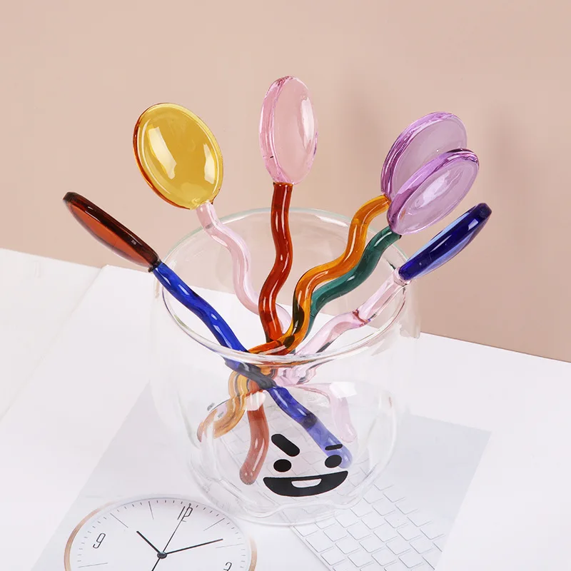 Hot Creative Glass Milk Spoons Colored Transparent Coffee Dessert Stirring Spoon Long Handle Round Kitchen Tableware Stirrer Rod