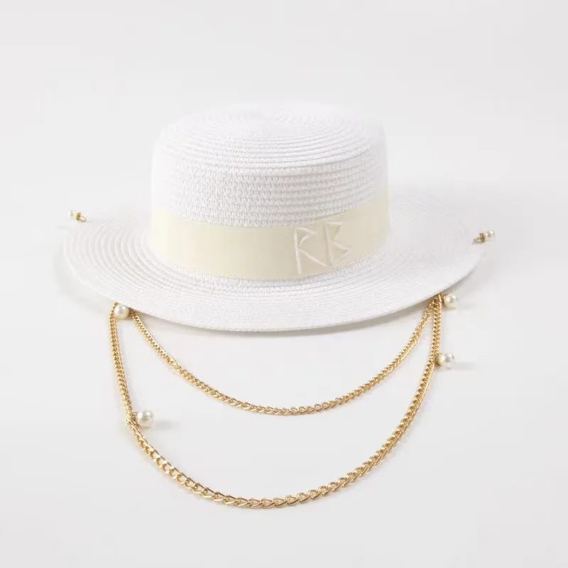 2024 summer new arrival Double Chain Strap Fedora Hat straw hat for women