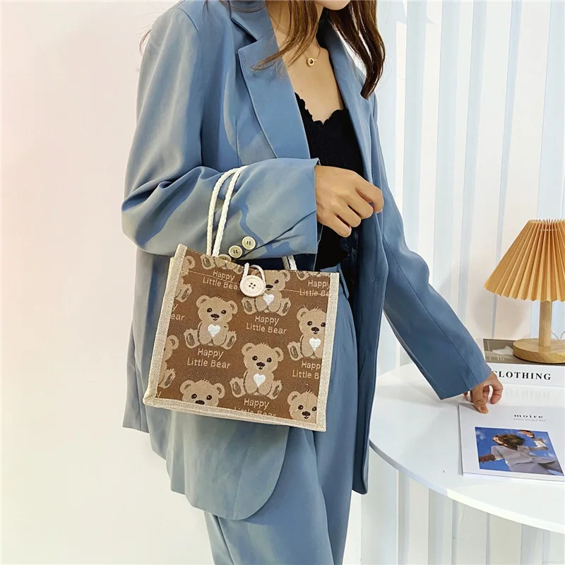 Bear Linen Tote Bag Female Outing Hand Bag 2024 Internet Celebrity Ins Japanese Small Shoulder Bag Student Shoulder Bag