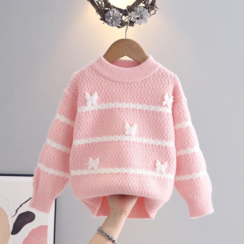 الخريف الشتاء الفتيات محبوك سترة جولة الرقبة طويلة الأكمام قمم مخطط البلوز ملابس الأطفال مريحة أزياء عارضة #4