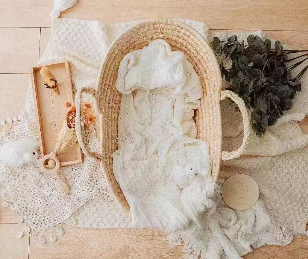 Straw Basket Newborn Photography Props Newborn Posing Nest Photo Baby Changing Basket with Handles Baby Photography Accessories