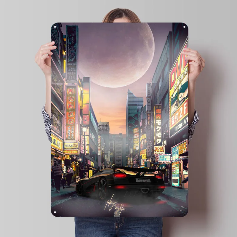 Tokyo Night Drive Tinplate Sign Car Poster Bathroom Decor Custom Metal Signs for Garage Home Wall Art Decoration Bar Accessories