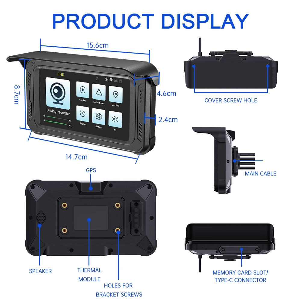 5 "Motor Nirkabel CarPlay Android Auto Head Unit IP67 Tahan Air 2K Kamera Ganda Navigasi GPS Monitor Parkir CS69B