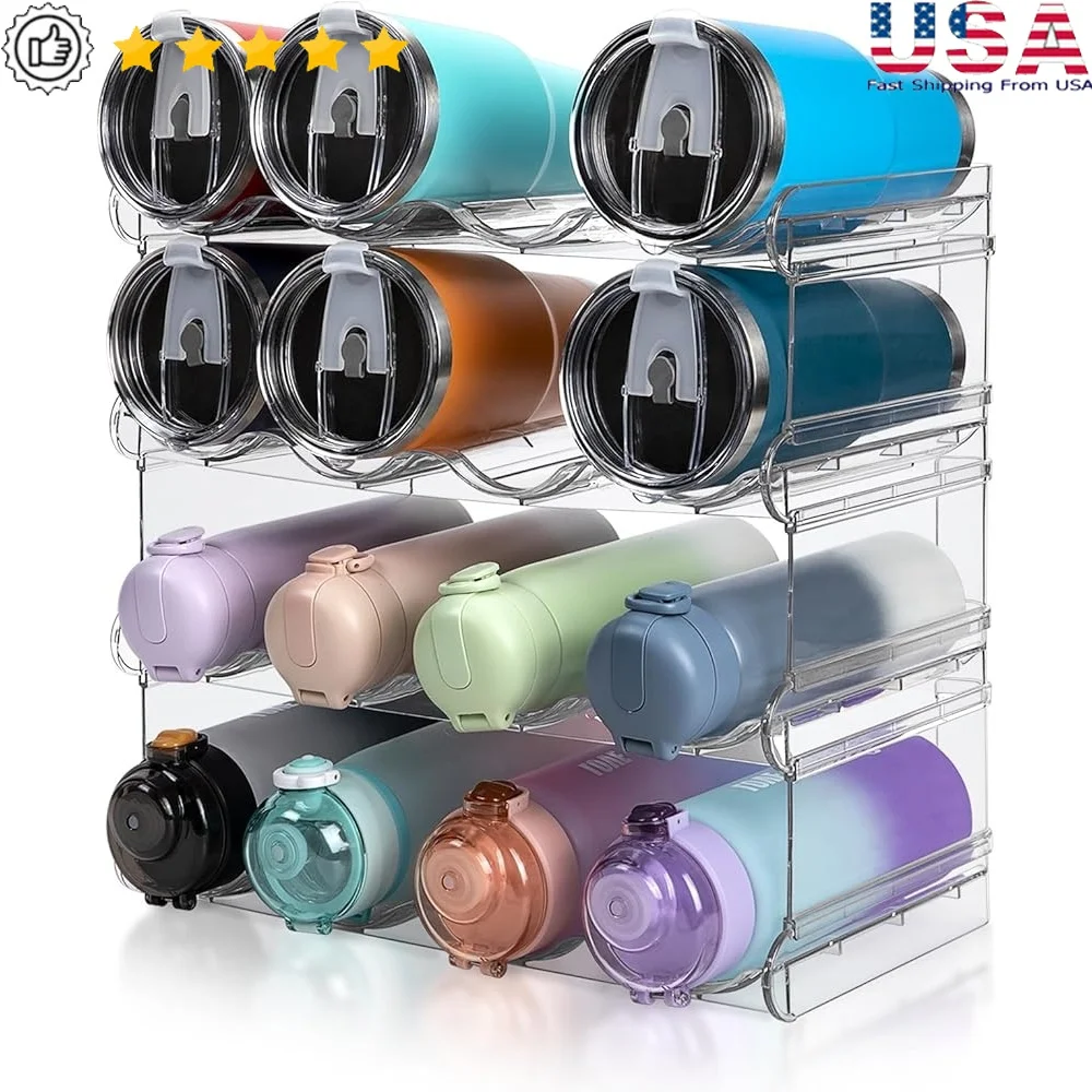

Stackable Water Bottle Organizer 4 Tier Holder Large Bottles Clear Cabinet Rack Space Saving Drink Storage Solution