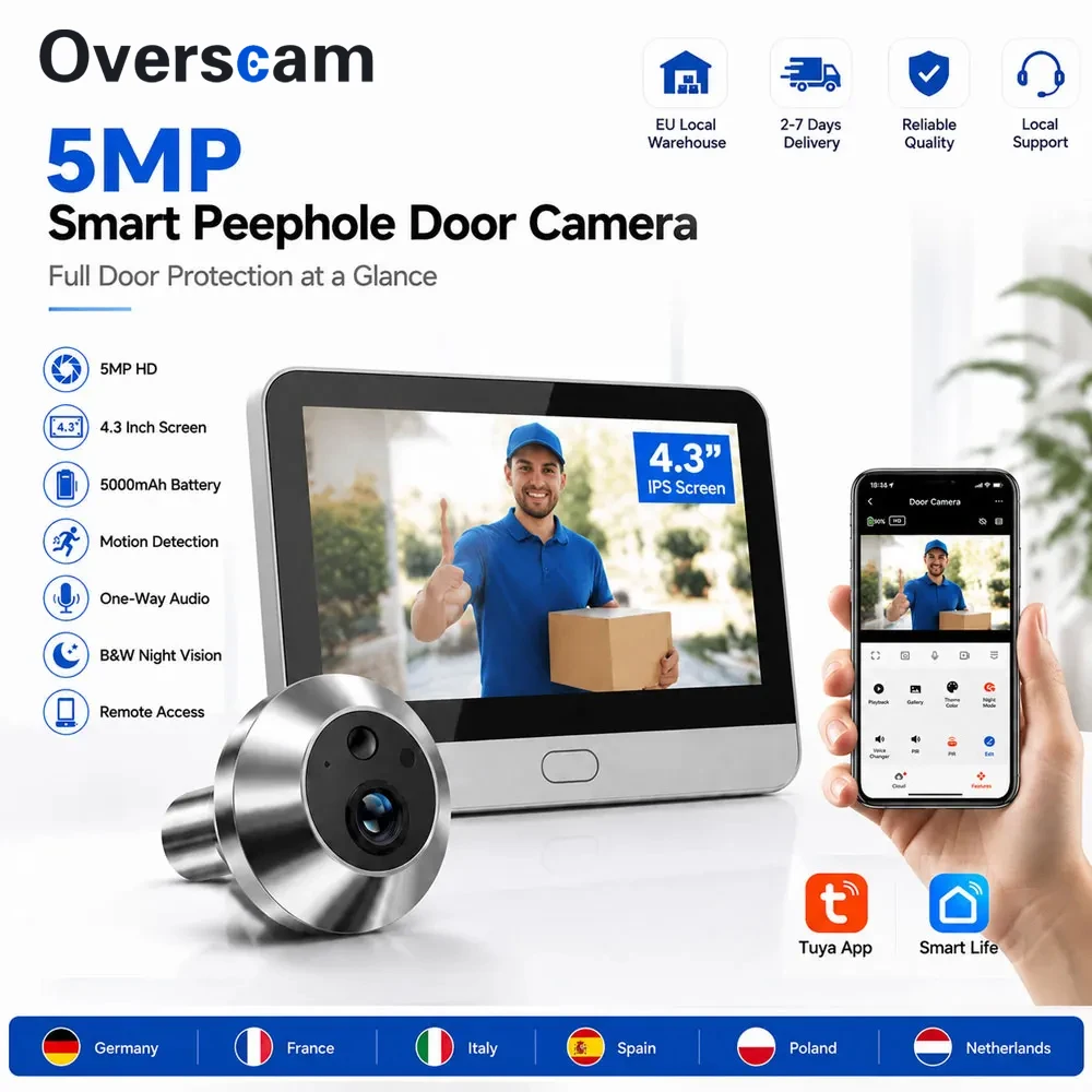 Doobellr Eye Camera 5MP Smartlife Wireless Peephole Viewer 4.3 Inch LCD Monitor 5200mAh Long Battery Remote Viewing Tuya Home