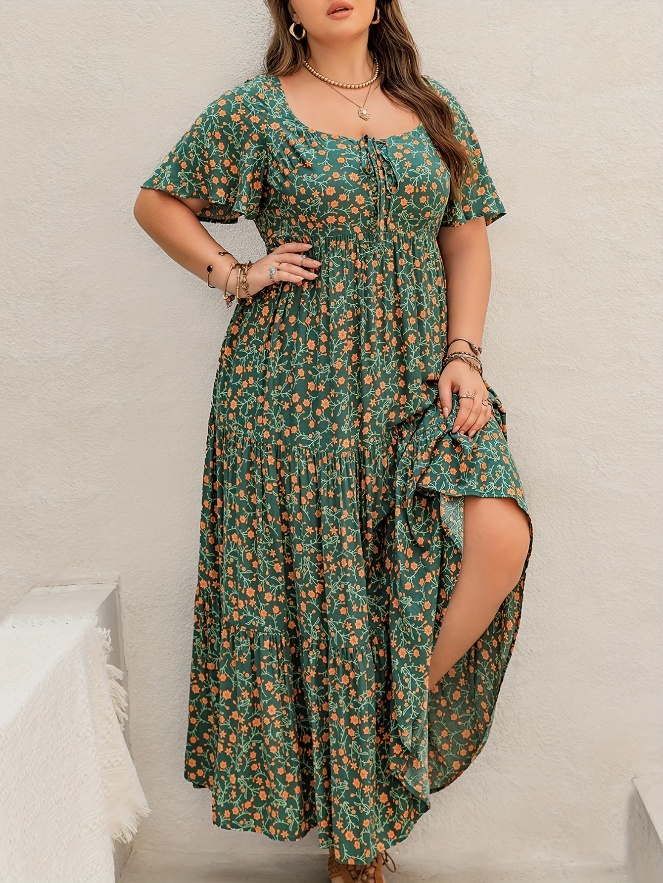 

Plus Size Bohemian Long Dress for Women French Collar Adjustable Tie Print in Large Size Ladies Gown with Boho Chic Style