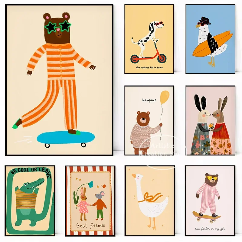 Póster nórdico de dibujos animados de animales deportivos, oso en patinetas, surf, gaviota, pintura en lienzo, imágenes artísticas de pared, decoración del hogar y guardería