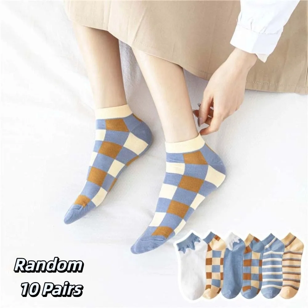 

10Pairs Korean Style Grid Stripe Ankle Socks Non-slip Thin Women Tube Socks Hosiery Colorful Simple Mid-calf Socks Students